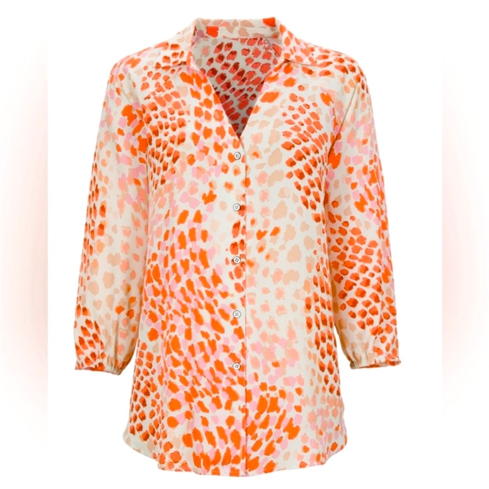 CAbi Go To Blouse Animal Print Orange Pink #6081 Button Up V-Neck Size Small EUC